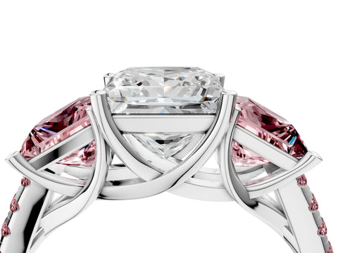 White gold Three-Stone Princess Cut Diamond Ring with Round with Morganite side stone Pavé Band and Prong Setting_4