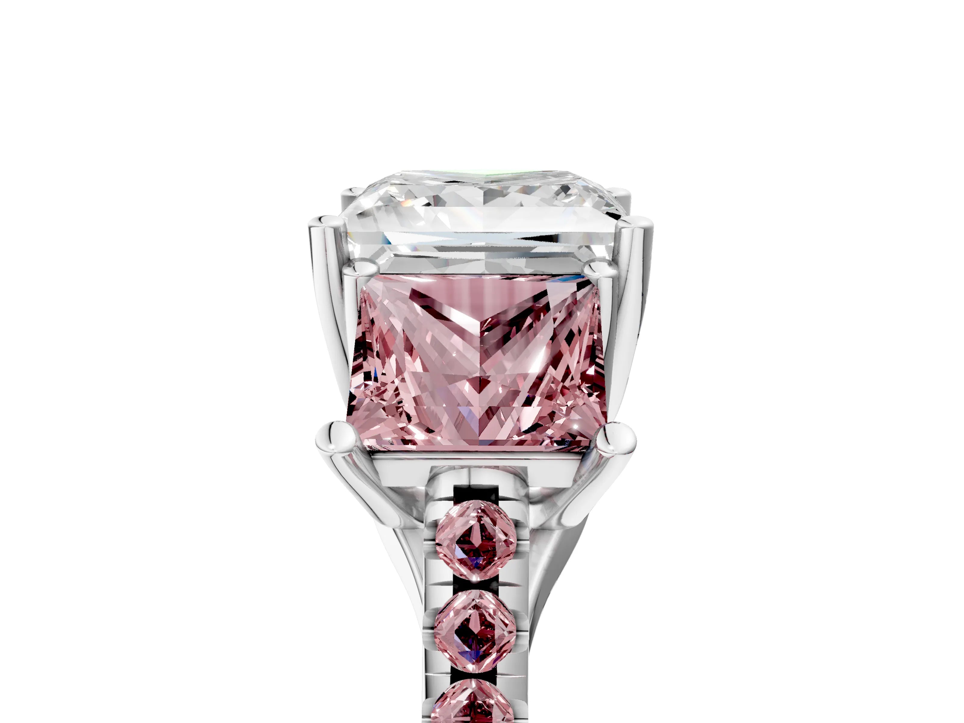 White gold Three-Stone Princess Cut Diamond Ring with Round with Morganite side stone Pavé Band and Prong Setting_5