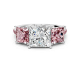 White gold Three-Stone Princess Cut Diamond Ring with Round with Morganite side stone Pavé Band and Prong Setting