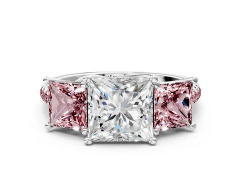 White gold Three-Stone Princess Cut Diamond Ring with Round with Morganite side stone Pavé Band and Prong Setting