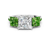 White gold Three-Stone Princess Cut Diamond Ring with Round with Peridot side stone Pavé Band and Prong Setting_12