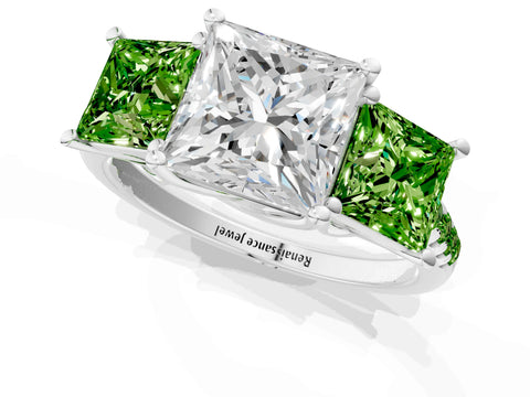 White gold Three-Stone Princess Cut Diamond Ring with Round with Peridot side stone Pavé Band and Prong Setting_1