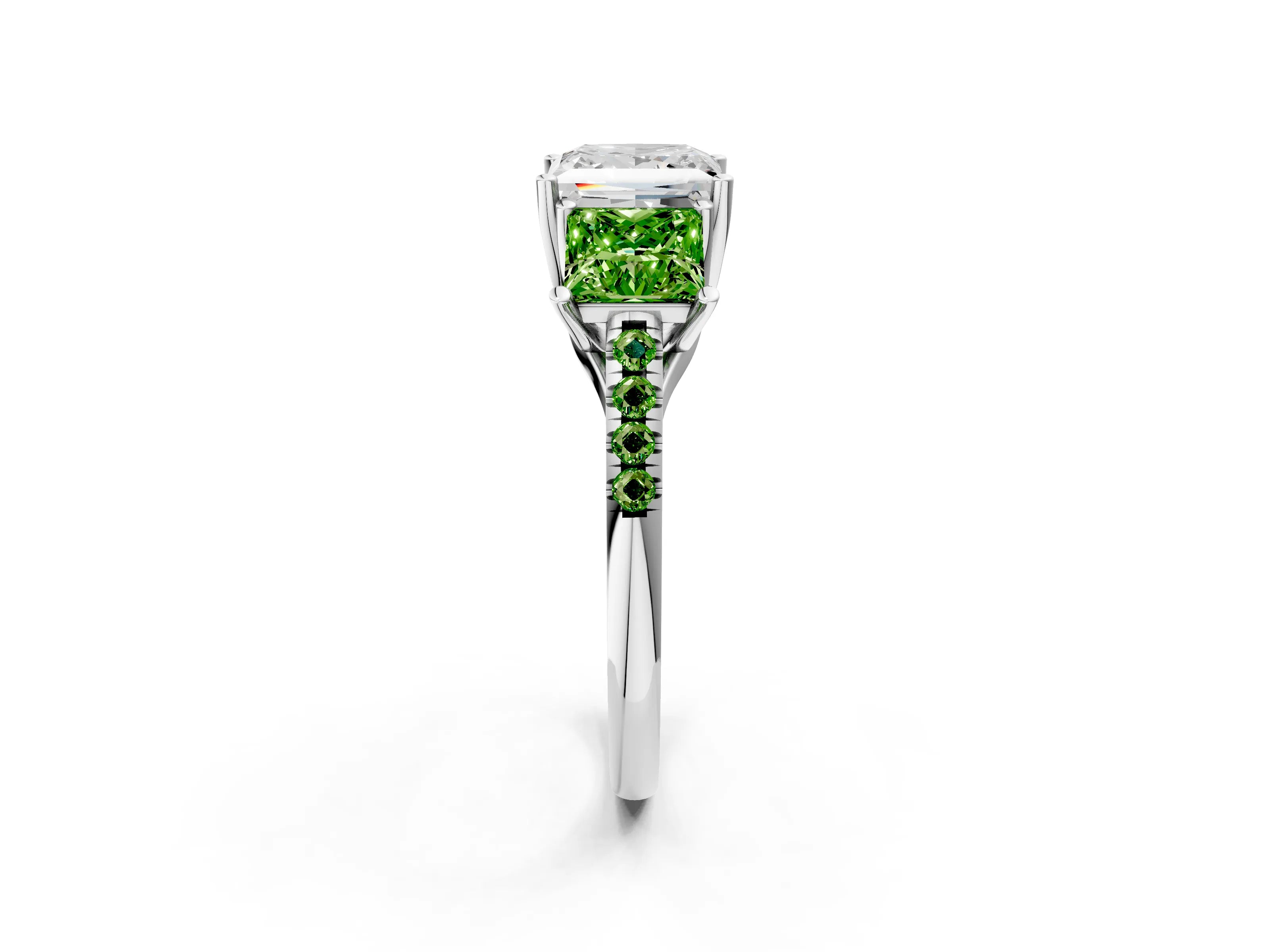White gold Three-Stone Princess Cut Diamond Ring with Round with Peridot side stone Pavé Band and Prong Setting_2