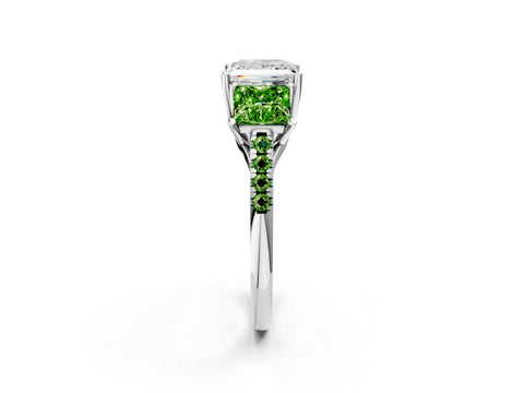 White gold Three-Stone Princess Cut Diamond Ring with Round with Peridot side stone Pavé Band and Prong Setting_2