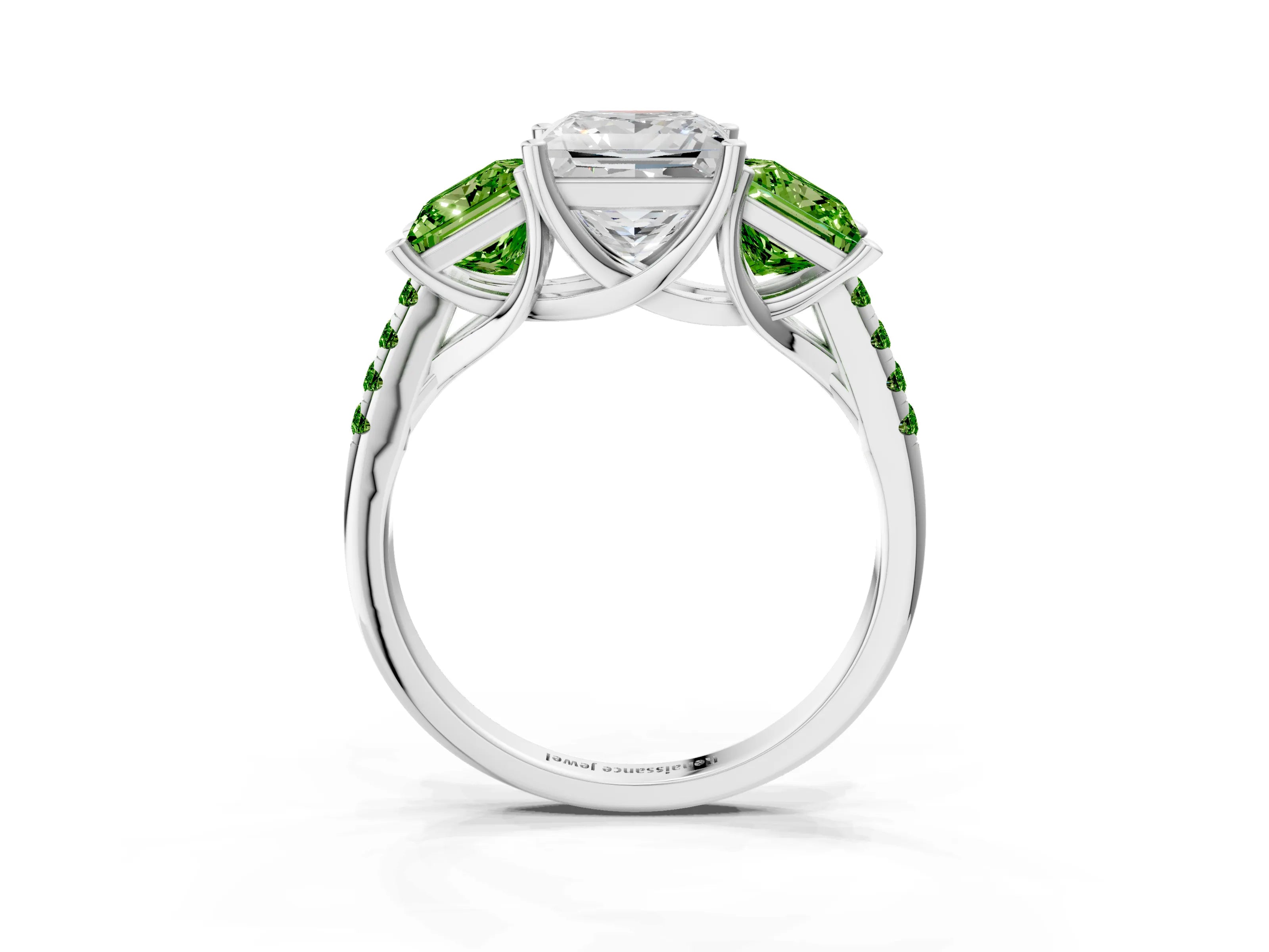 White gold Three-Stone Princess Cut Diamond Ring with Round with Peridot side stone Pavé Band and Prong Setting_3