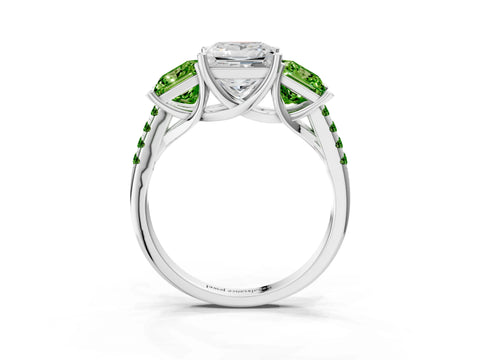 White gold Three-Stone Princess Cut Diamond Ring with Round with Peridot side stone Pavé Band and Prong Setting_3