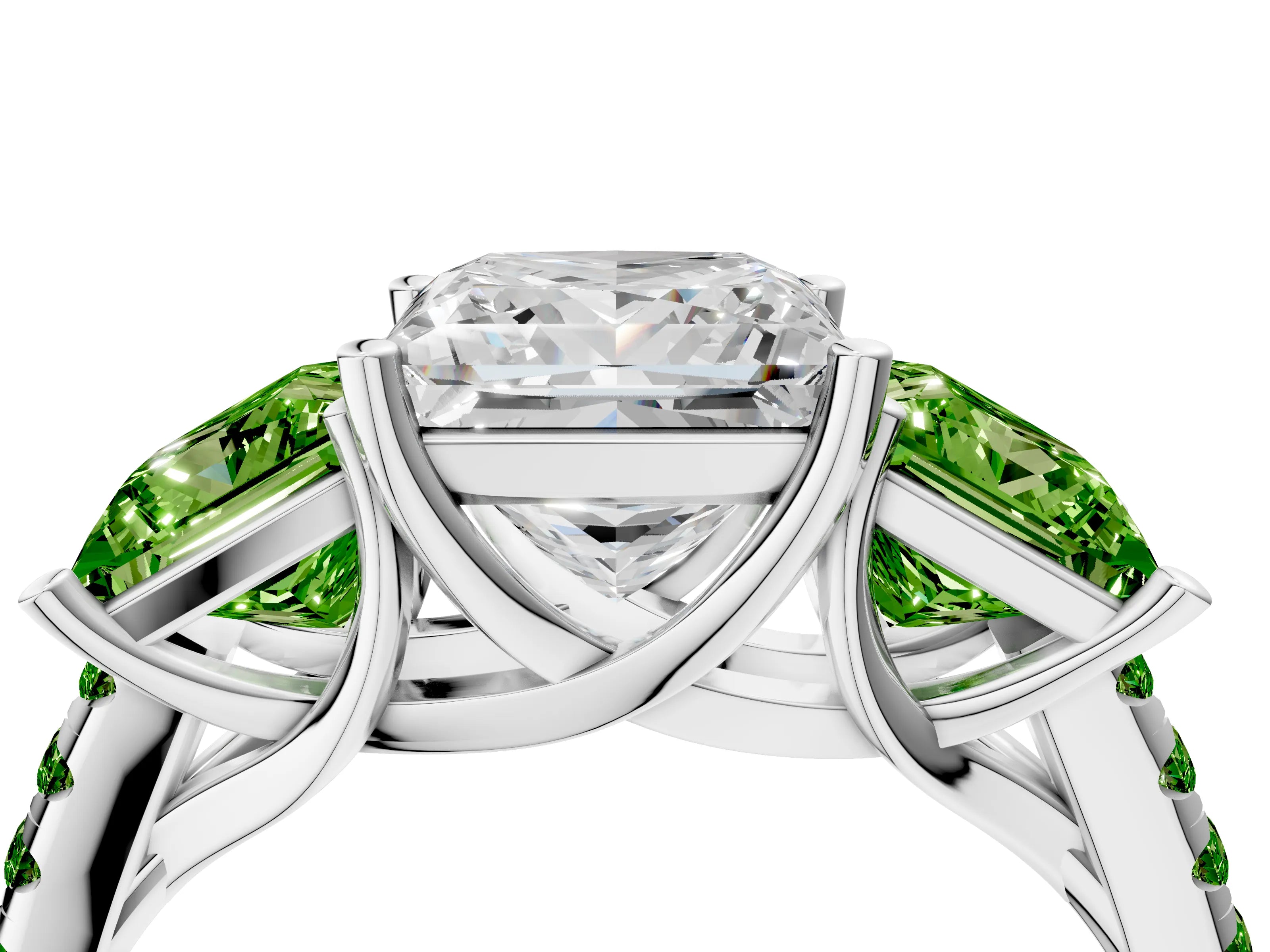White gold Three-Stone Princess Cut Diamond Ring with Round with Peridot side stone Pavé Band and Prong Setting_4