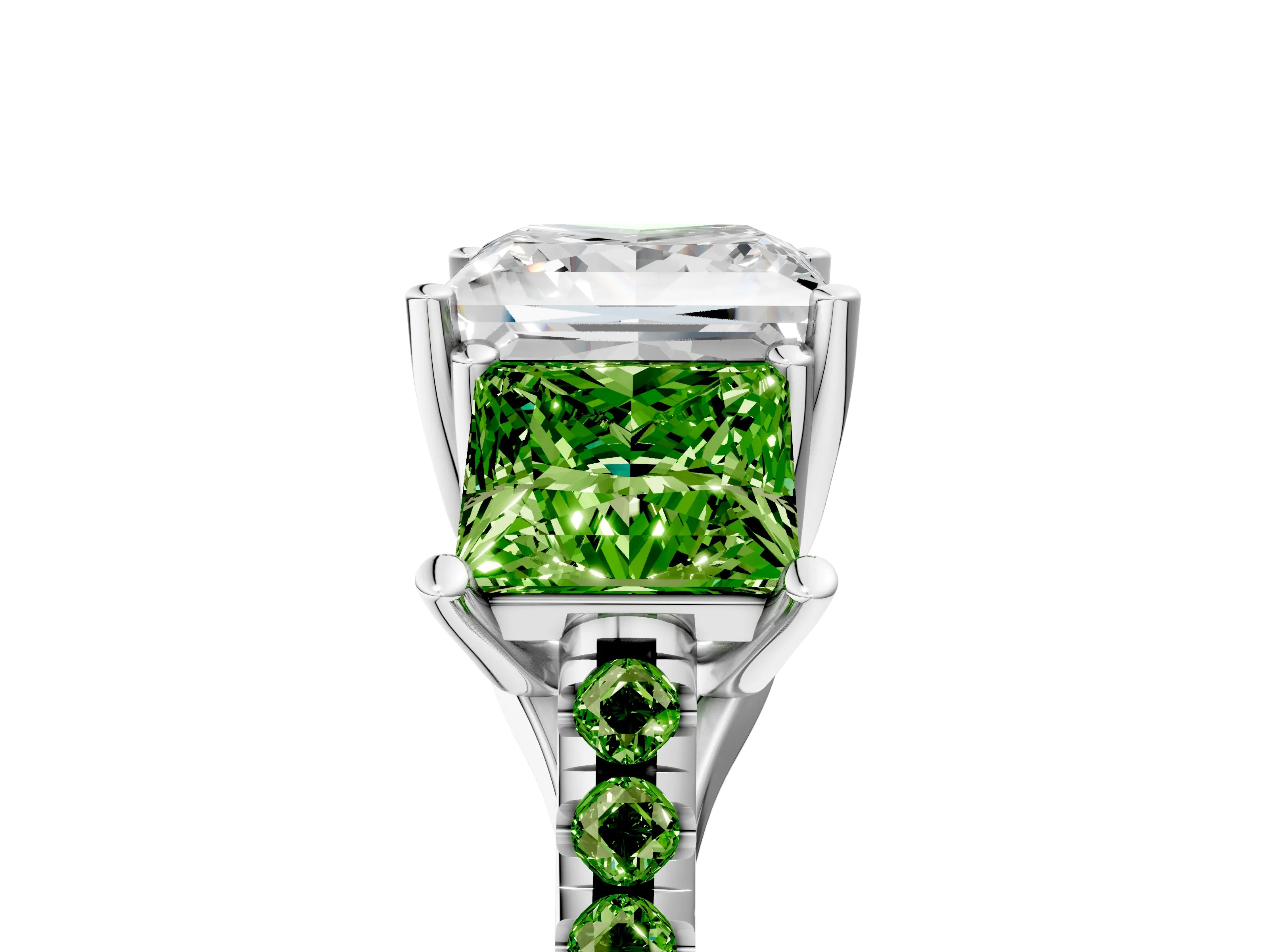 White gold Three-Stone Princess Cut Diamond Ring with Round with Peridot side stone Pavé Band and Prong Setting_5