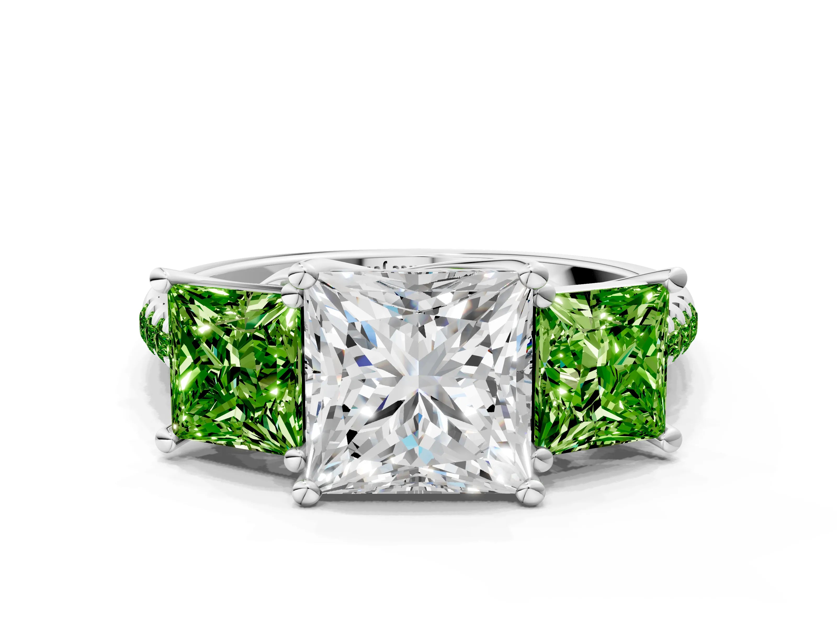 White gold Three-Stone Princess Cut Diamond Ring with Round with Peridot side stone Pavé Band and Prong Setting