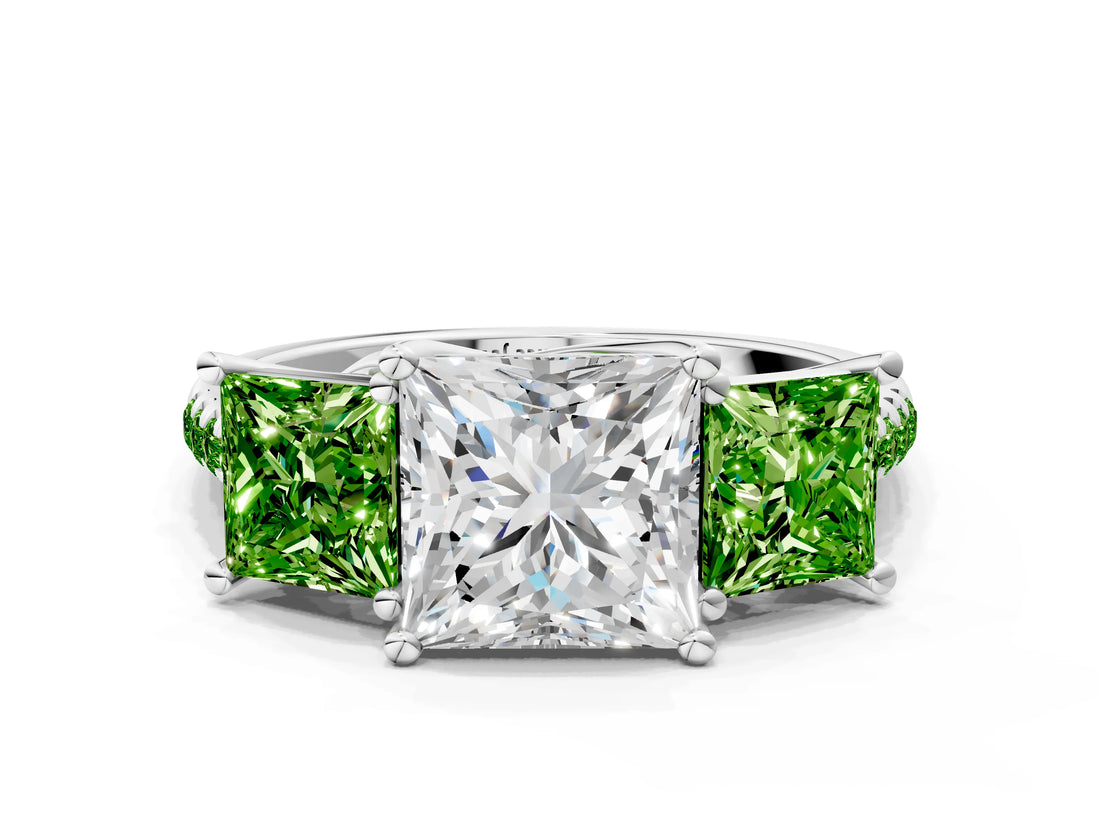 White gold Three-Stone Princess Cut Diamond Ring with Round with Peridot side stone Pavé Band and Prong Setting