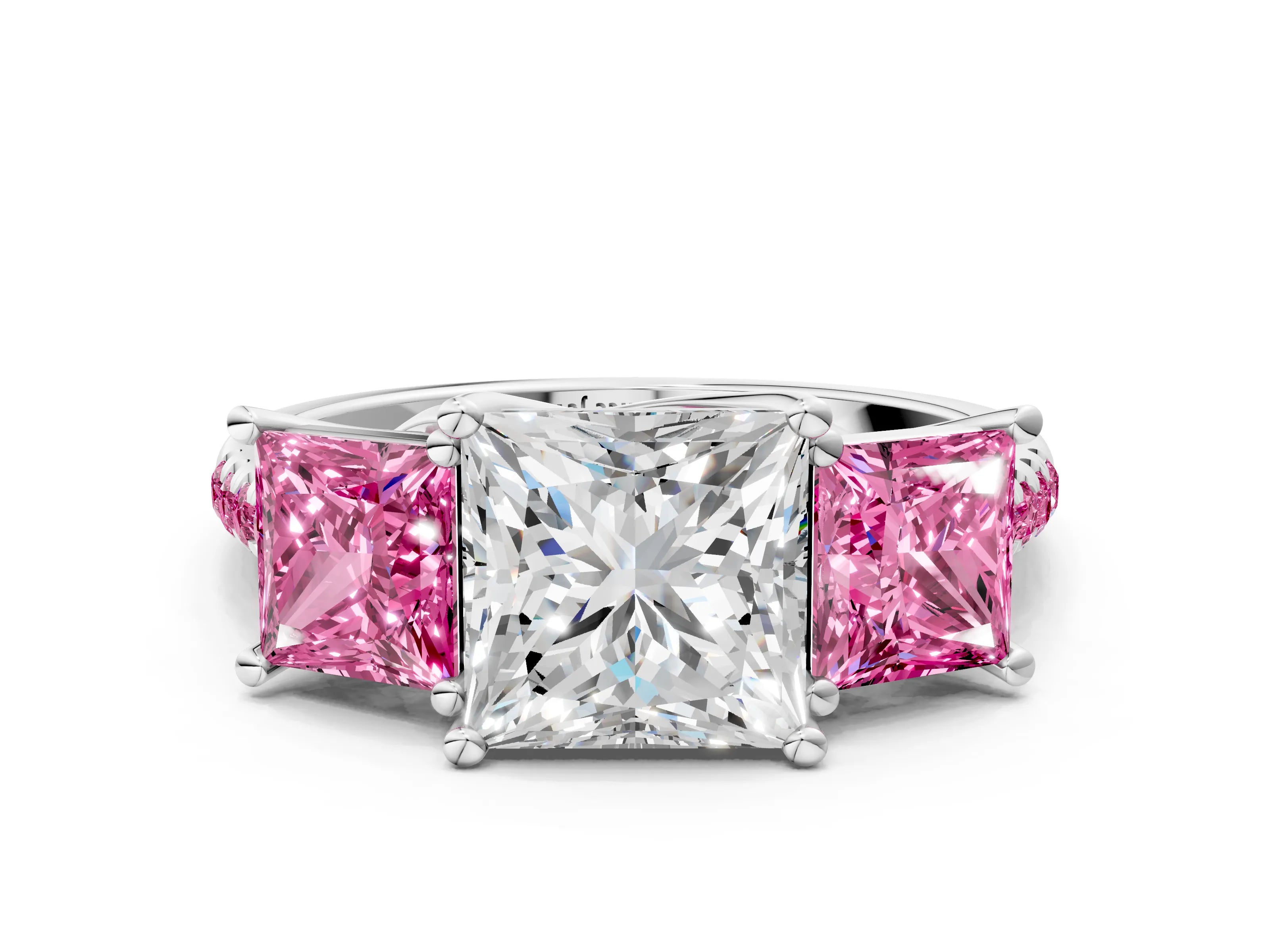 White gold Three-Stone Princess Cut Diamond Ring with Round with Pink Sapphire side stone Pavé Band and Prong Setting