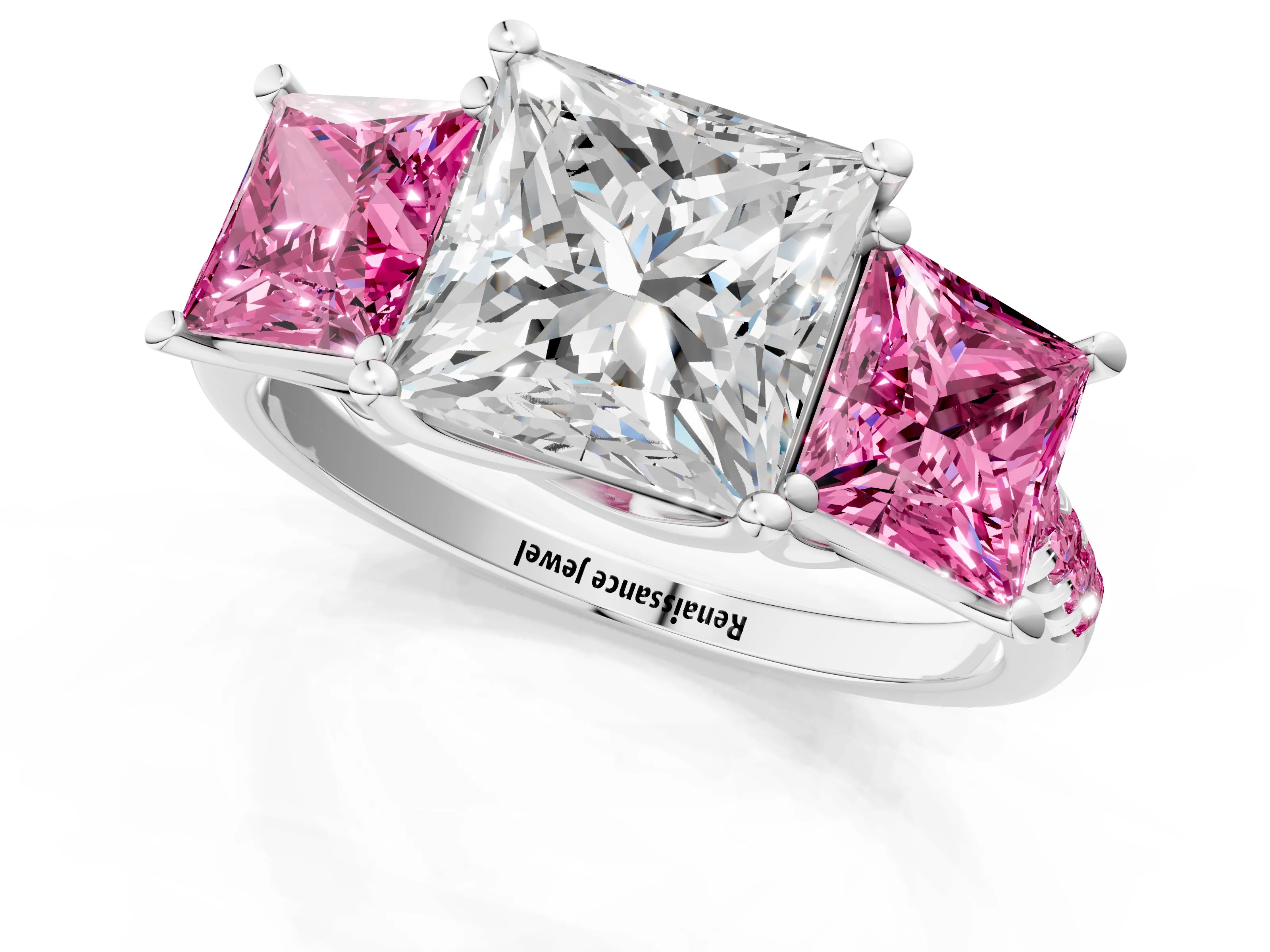 White gold Three-Stone Princess Cut Diamond Ring with Round with Pink Sapphire side stone Pavé Band and Prong Setting_1