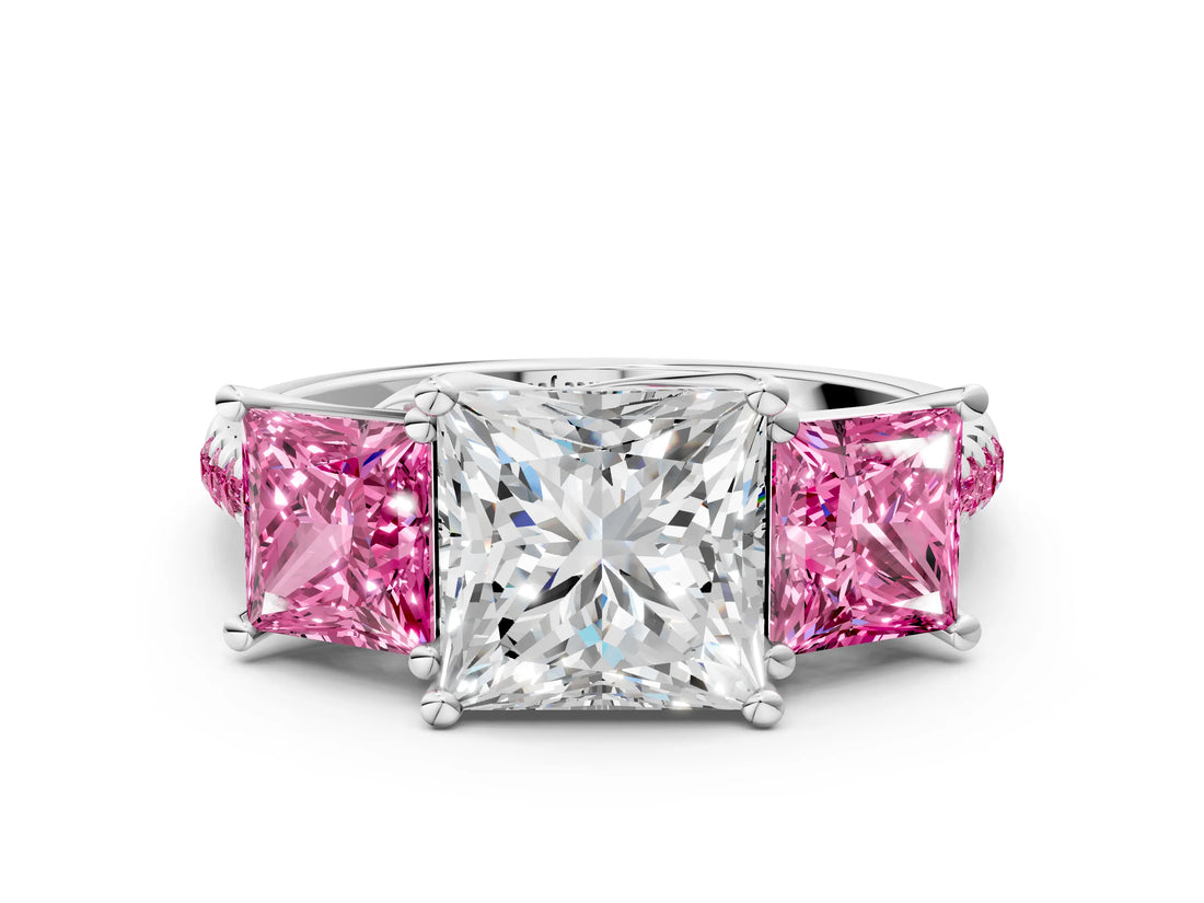 White gold Three-Stone Princess Cut Diamond Ring with Round with Pink Sapphire side stone Pavé Band and Prong Setting_12