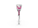 White gold Three-Stone Princess Cut Diamond Ring with Round with Pink Sapphire side stone Pavé Band and Prong Setting_14