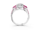 White gold Three-Stone Princess Cut Diamond Ring with Round with Pink Sapphire side stone Pavé Band and Prong Setting_15