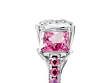 White gold Three-Stone Princess Cut Diamond Ring with Round with Pink Sapphire side stone Pavé Band and Prong Setting_17