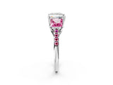 White gold Three-Stone Princess Cut Diamond Ring with Round with Pink Sapphire side stone Pavé Band and Prong Setting_2