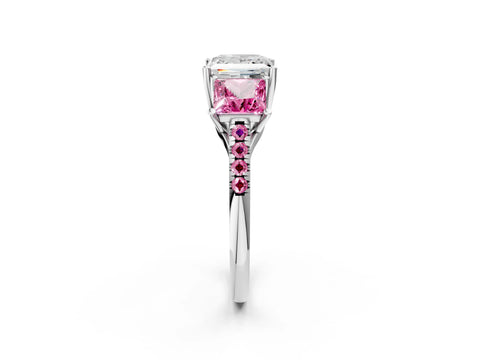 White gold Three-Stone Princess Cut Diamond Ring with Round with Pink Sapphire side stone Pavé Band and Prong Setting_2