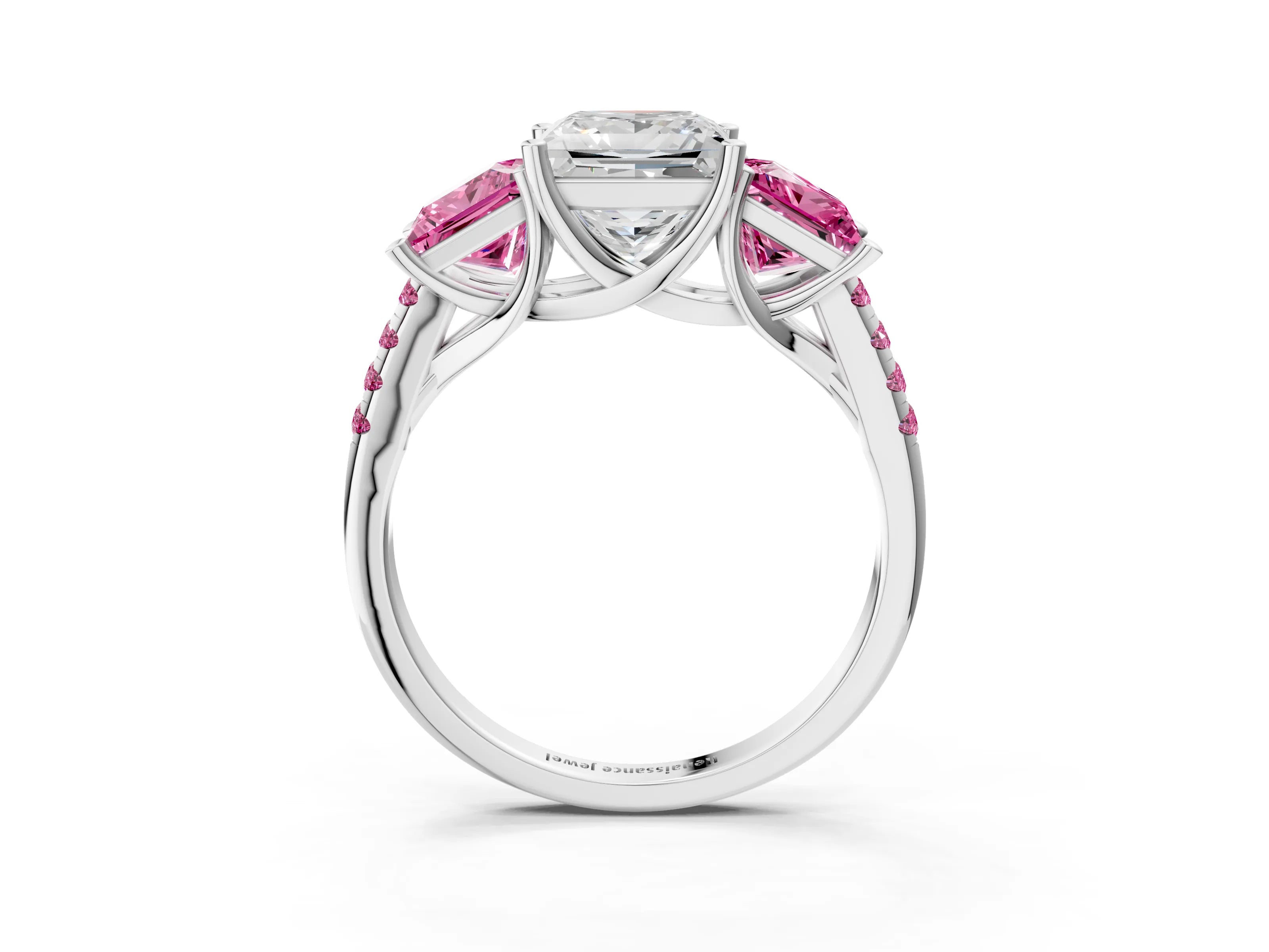 White gold Three-Stone Princess Cut Diamond Ring with Round with Pink Sapphire side stone Pavé Band and Prong Setting_3