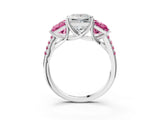 White gold Three-Stone Princess Cut Diamond Ring with Round with Pink Sapphire side stone Pavé Band and Prong Setting_3