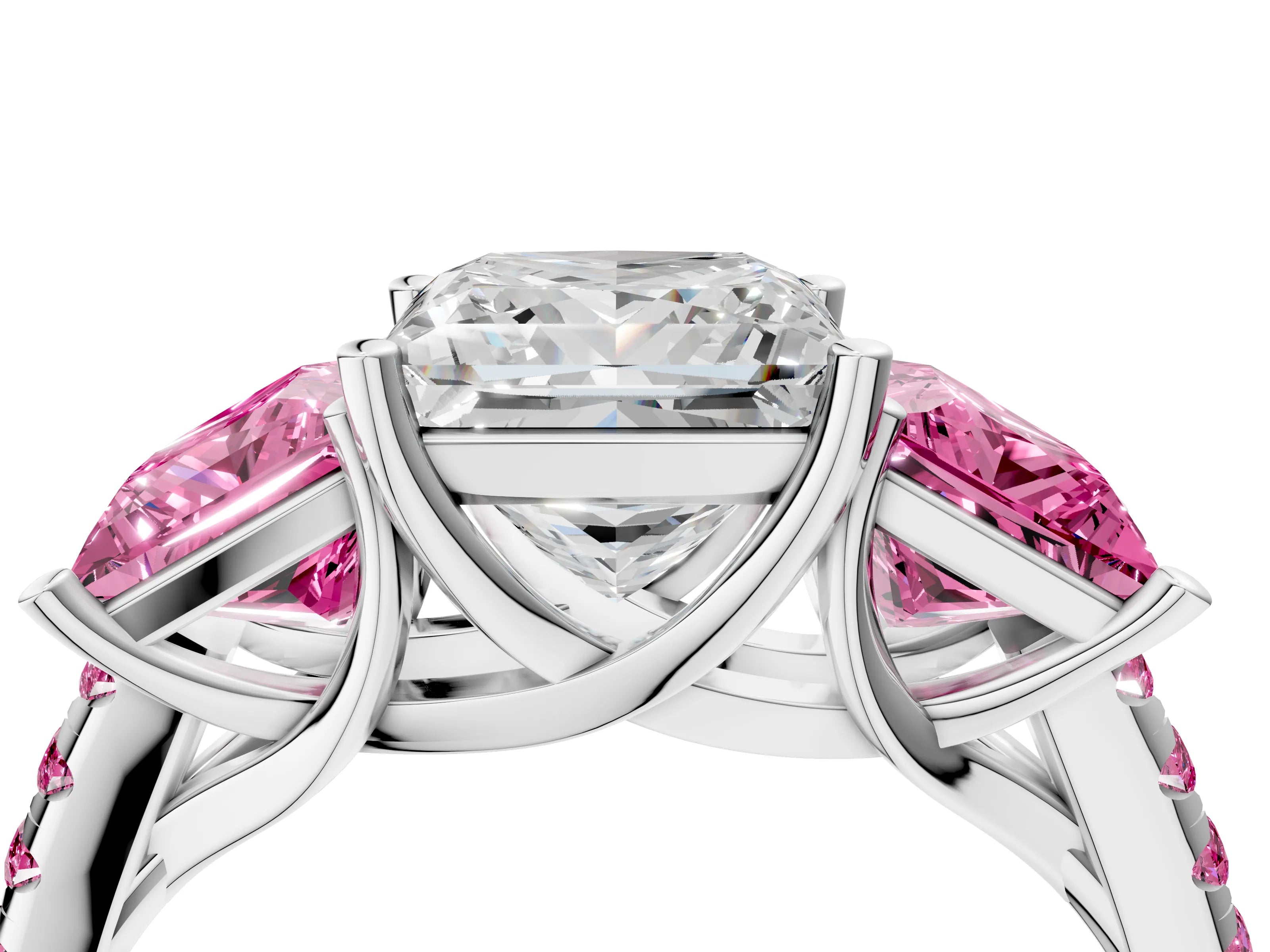 White gold Three-Stone Princess Cut Diamond Ring with Round with Pink Sapphire side stone Pavé Band and Prong Setting_4