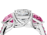 White gold Three-Stone Princess Cut Diamond Ring with Round with Pink Sapphire side stone Pavé Band and Prong Setting_4