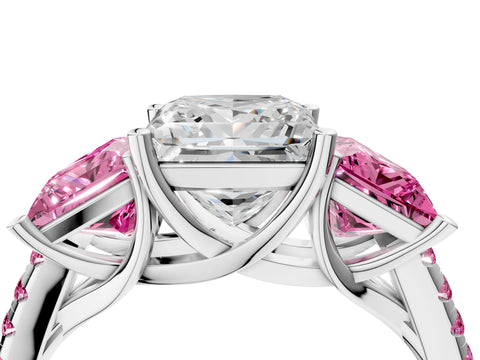 White gold Three-Stone Princess Cut Diamond Ring with Round with Pink Sapphire side stone Pavé Band and Prong Setting_4