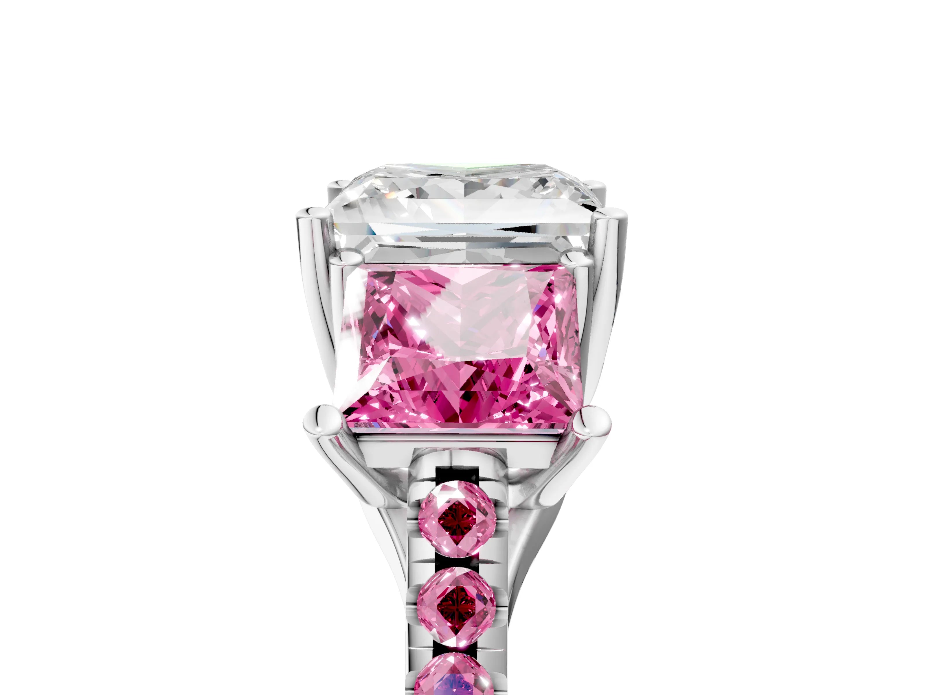 White gold Three-Stone Princess Cut Diamond Ring with Round with Pink Sapphire side stone Pavé Band and Prong Setting_5