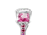 White gold Three-Stone Princess Cut Diamond Ring with Round with Pink Sapphire side stone Pavé Band and Prong Setting_5