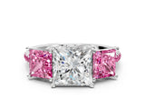 White gold Three-Stone Princess Cut Diamond Ring with Round with Pink Sapphire side stone Pavé Band and Prong Setting