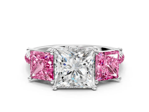 White gold Three-Stone Princess Cut Diamond Ring with Round with Pink Sapphire side stone Pavé Band and Prong Setting