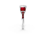 White gold Three-Stone Princess Cut Diamond Ring with Round with Ruby side stone Pavé Band and Prong Setting_14