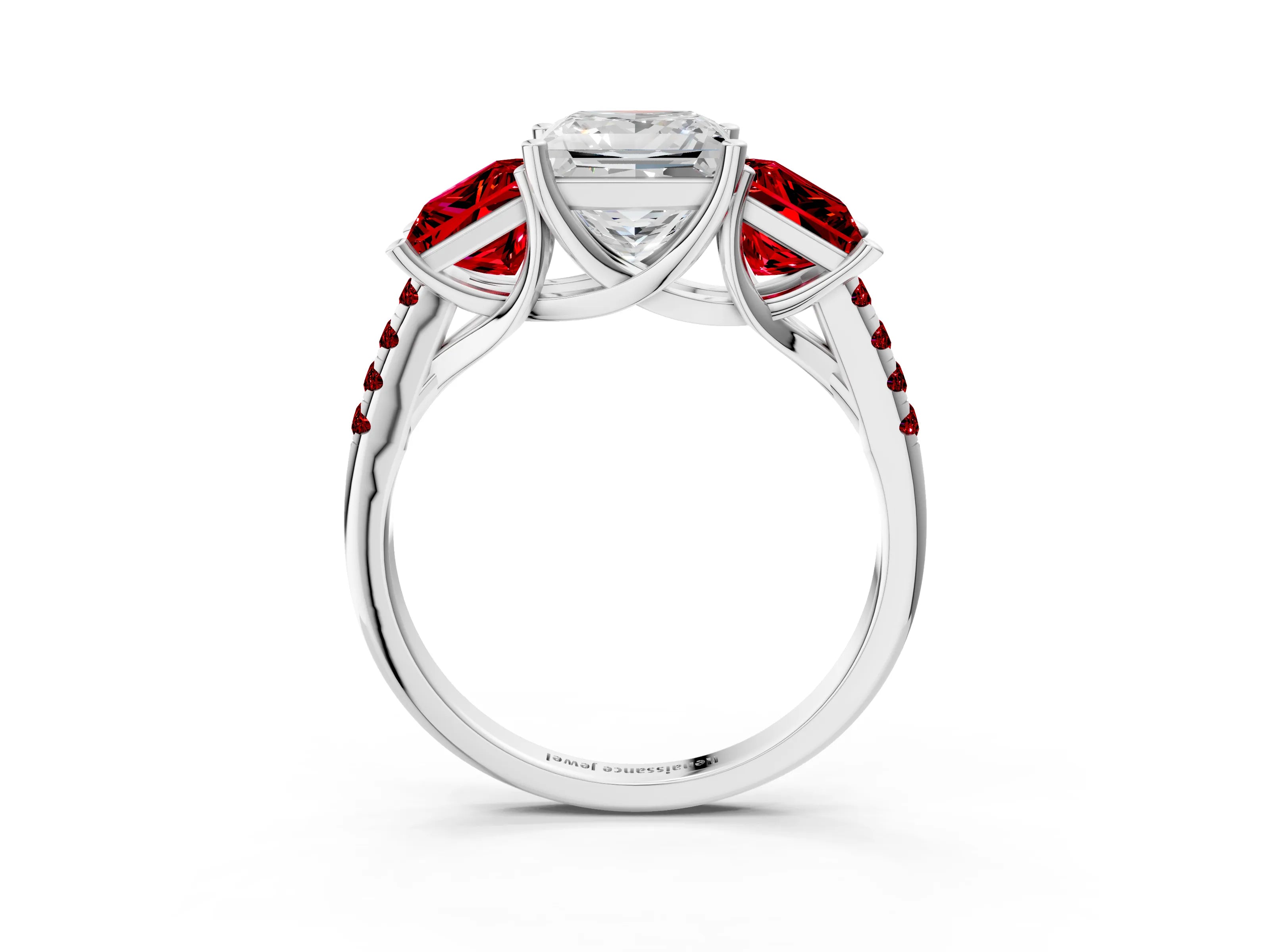 White gold Three-Stone Princess Cut Diamond Ring with Round with Ruby side stone Pavé Band and Prong Setting_15