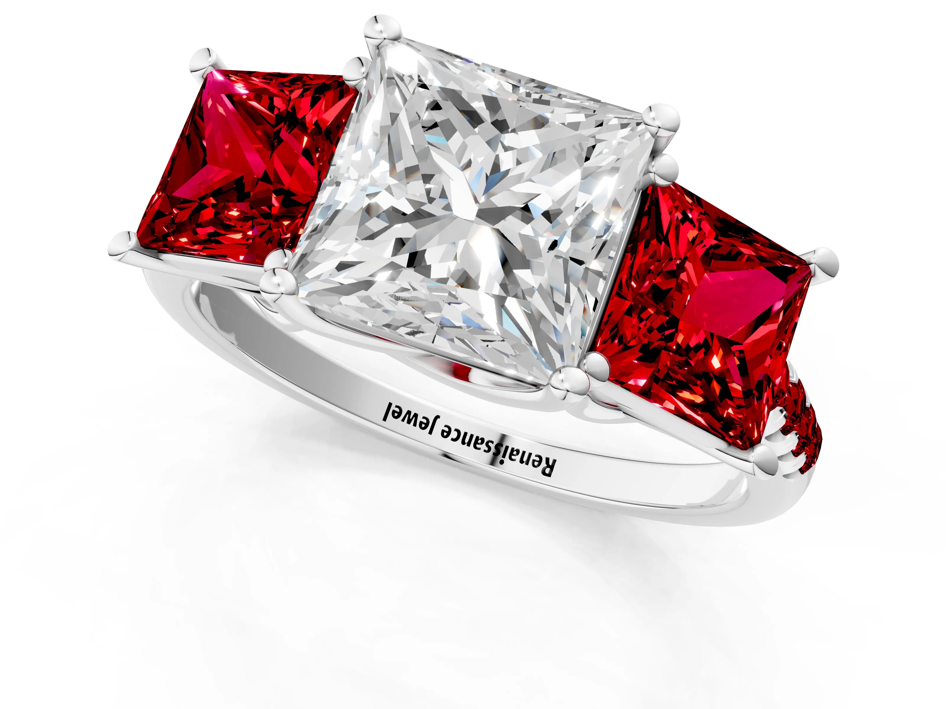 White gold Three-Stone Princess Cut Diamond Ring with Round with Ruby side stone Pavé Band and Prong Setting_1