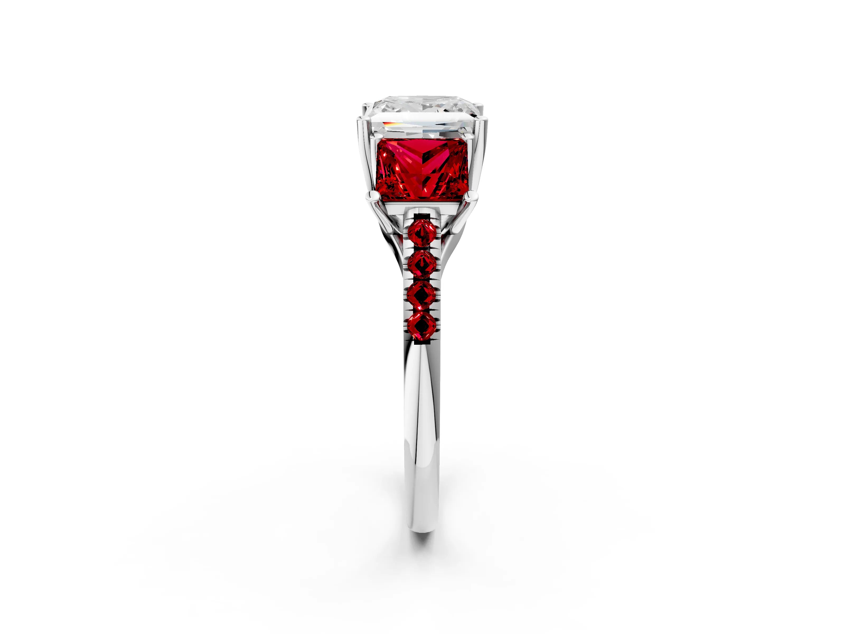 White gold Three-Stone Princess Cut Diamond Ring with Round with Ruby side stone Pavé Band and Prong Setting_2