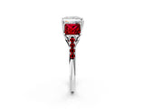 White gold Three-Stone Princess Cut Diamond Ring with Round with Ruby side stone Pavé Band and Prong Setting_2