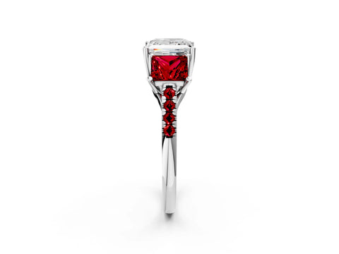 White gold Three-Stone Princess Cut Diamond Ring with Round with Ruby side stone Pavé Band and Prong Setting_2