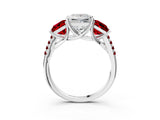 White gold Three-Stone Princess Cut Diamond Ring with Round with Ruby side stone Pavé Band and Prong Setting_3