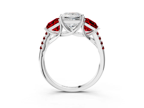 White gold Three-Stone Princess Cut Diamond Ring with Round with Ruby side stone Pavé Band and Prong Setting_3