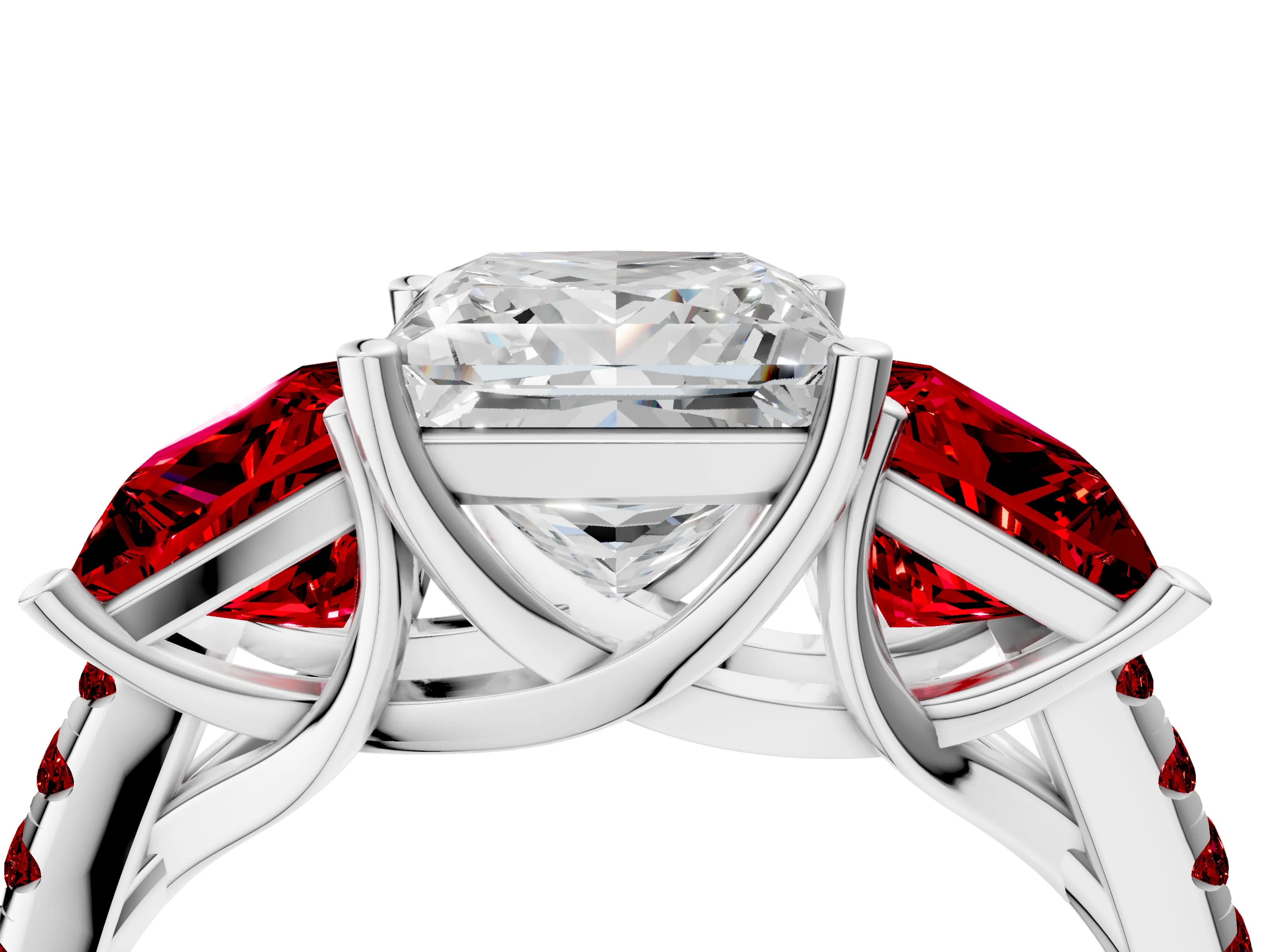 White gold Three-Stone Princess Cut Diamond Ring with Round with Ruby side stone Pavé Band and Prong Setting_4