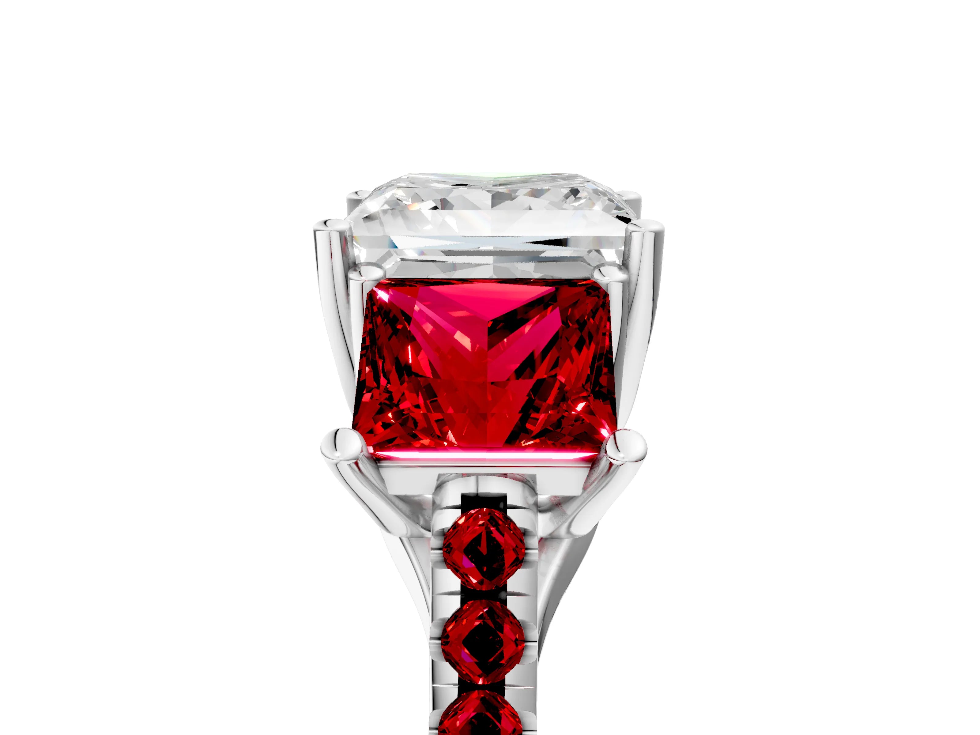 White gold Three-Stone Princess Cut Diamond Ring with Round with Ruby side stone Pavé Band and Prong Setting_5