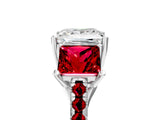 White gold Three-Stone Princess Cut Diamond Ring with Round with Ruby side stone Pavé Band and Prong Setting_5