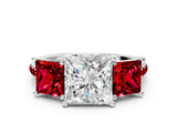 White gold Three-Stone Princess Cut Diamond Ring with Round with Ruby side stone Pavé Band and Prong Setting