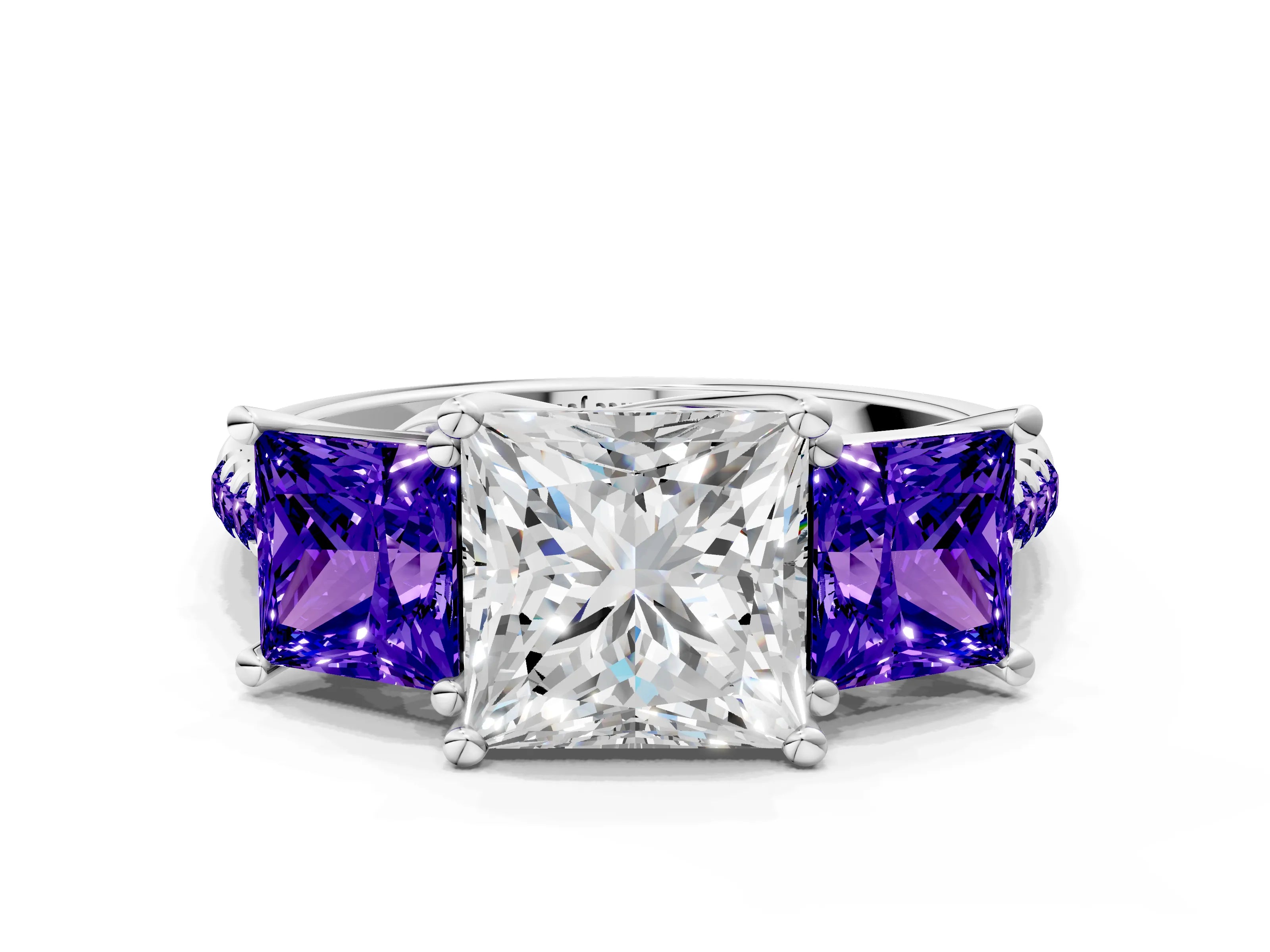 White gold Three-Stone Princess Cut Diamond Ring with Round with Tanzanite side stone Pavé Band and Prong Setting