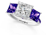 White gold Three-Stone Princess Cut Diamond Ring with Round with Tanzanite side stone Pavé Band and Prong Setting_1