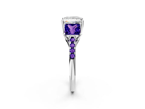 White gold Three-Stone Princess Cut Diamond Ring with Round with Tanzanite side stone Pavé Band and Prong Setting_2