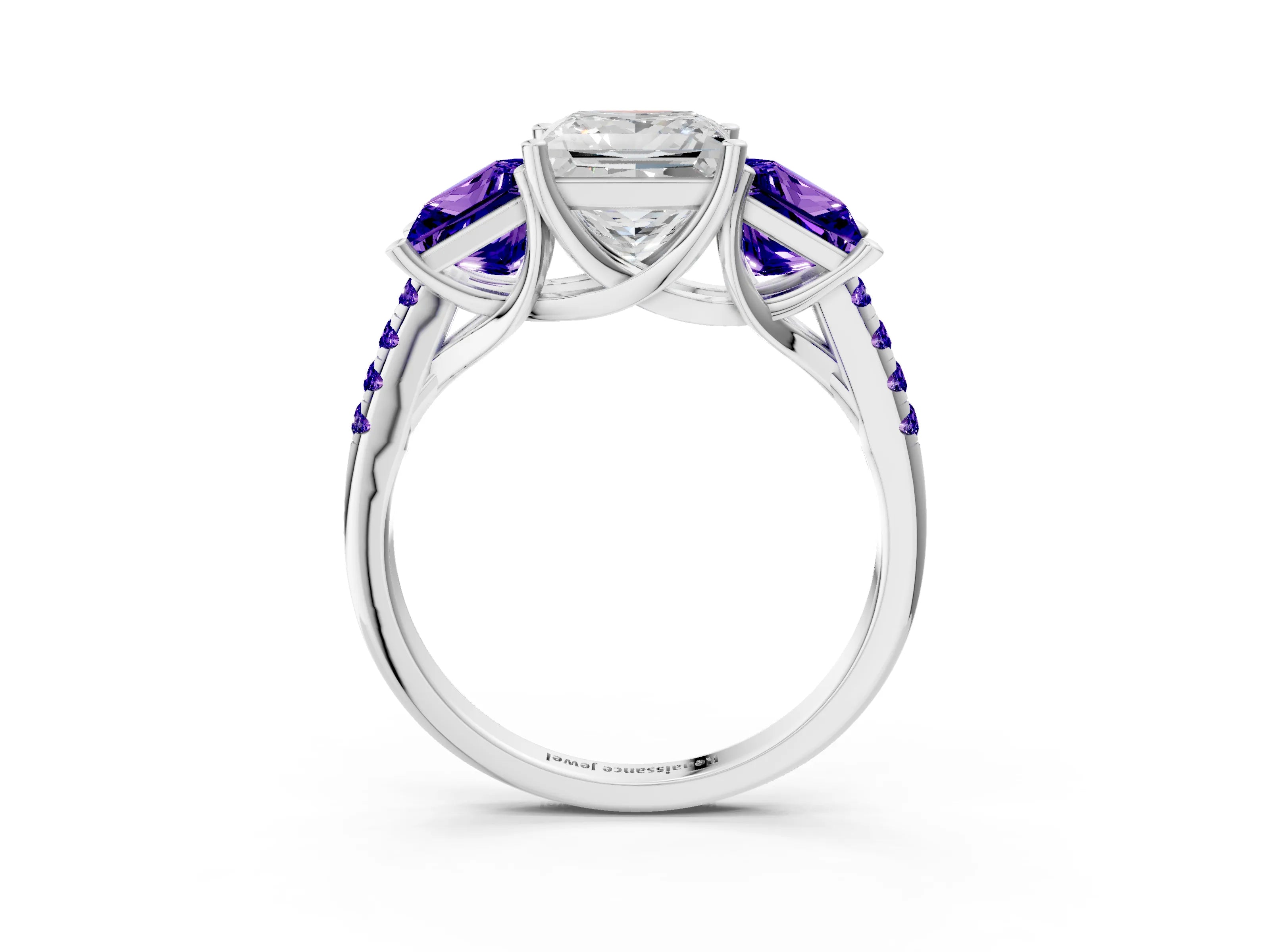 White gold Three-Stone Princess Cut Diamond Ring with Round with Tanzanite side stone Pavé Band and Prong Setting_3
