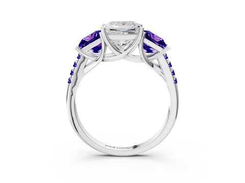 White gold Three-Stone Princess Cut Diamond Ring with Round with Tanzanite side stone Pavé Band and Prong Setting_3