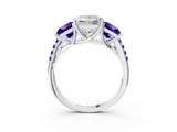White gold Three-Stone Princess Cut Diamond Ring with Round with Tanzanite side stone Pavé Band and Prong Setting_3