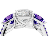 White gold Three-Stone Princess Cut Diamond Ring with Round with Tanzanite side stone Pavé Band and Prong Setting_4